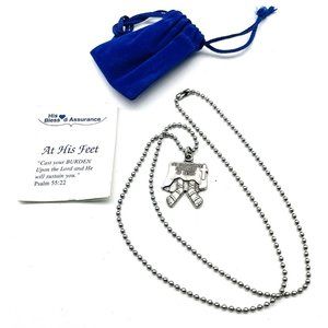 Jane Signed At His Feet Pendant Necklace Silver Tone Christian Faith Jesus Pray